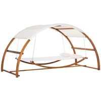 Hängematte mit Holz Gestell und Sonnendach Hammock mit 2 Kopfkissen Stabhängematte Outdoor Indoor Cremeweiß+Natur 322 x 160 x 173 cm