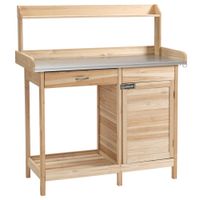 Pflanztisch mit verzinkter Arbeitsplatte Gärtnertisch mit Schublade Schrank Garten Arbeitstisch Massivholz Natur 112 x 45 x 125 cm
