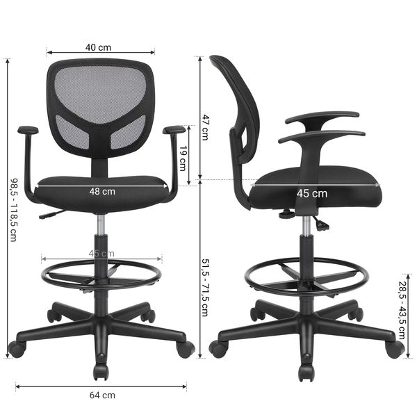Zeichenstuhl, Schwarz, 64 x 64 x (97–117) cm