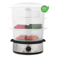 Elektrischer Dampfgarer VAP10 / Multifunktional, programmierbar, Kompakt, Professionell / 3 herausnehmbare stapelbare Schalen für Eier, Gemüse, Reis / 60 Min. Timer / Silber / 9L / 800 W