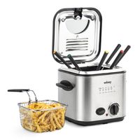 Wëasy TB600 Elektrische Fritteuse und Fondue, 2 in 1, 1,2 l, Edelstahl, multifunktional, kompakt, 6 Gabeln, Geruchsfilter, abnehmbarer Korb, verstellbare Temperatur, Silber/Schwarz, 840 W, 1,2 l