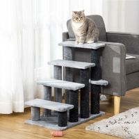 Haustiertreppe mit Kratzbaum Ball 4-stufige Katzentreppe Hundetreppe Tiertreppe Spanplatte Plüsch Jute Grau 60 x 40 x 64 cm