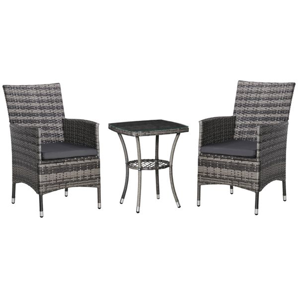 Gartensitzgruppe mit Beistelltisch, 3-tlg. Sitzkissen Polyrattan+Stahl Dunkelgrau 60x58,5x89,5cm