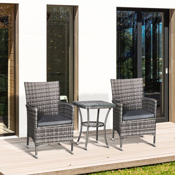 Gartensitzgruppe mit Beistelltisch, 3-tlg. Sitzkissen Polyrattan+Stahl Dunkelgrau 60x58,5x89,5cm