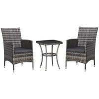 Gartensitzgruppe mit Beistelltisch, Bistroset, 3-tlg. Rattan Gartenset Sitzgarnitur mit Sitzkissen Polyrattan + Stahl Dunkelgrau 60 x 58,5 x 89,5 cm