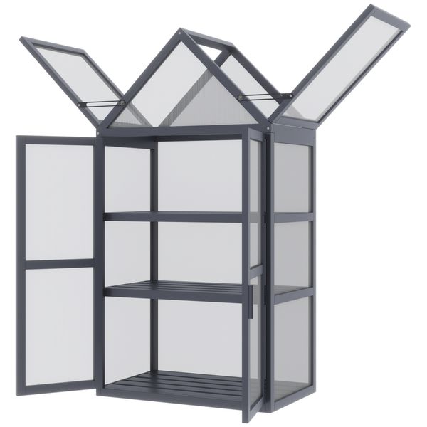 Gewächshaus 3 Ebenen aufklappbares Dach Holz Polycarbonat wetterfest Natur 70,5x42x132cm