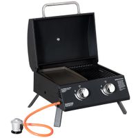Tischgrill Gasgrill BBQ mit 2 Brennern mobiler Grillwagen Grillnetz klein Outdoor Tischgasgrill Picknick mit Druckminderer Schlauch Edelstahl Schwarz 55 x 46,5 x 41 cm
