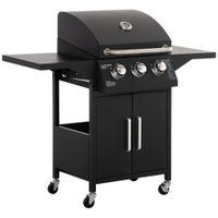 Gasgrill BBQ mit 3 Brennern je 3 kw mobiler Grillwagen mit 4 Rädern Grillnetz Seitentischen Druckminderer Schläuche Schrank Multifunktion Stahl Schwarz 121 x 55 x 109 cm