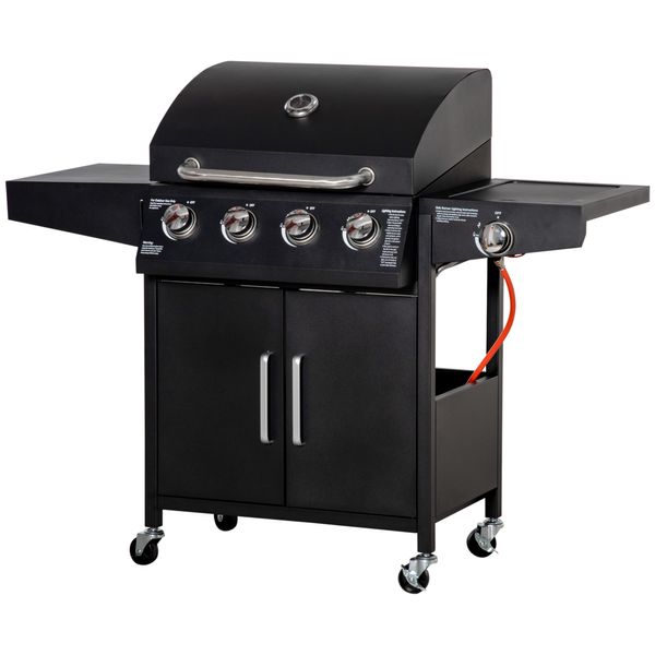 Gasgrill BBQ mit 4 Brennern Multifunktion Stahl Schwarz 132,4 x 55 x 109 cm