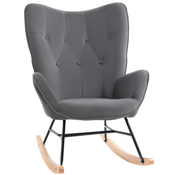 Schaukelstuhl mit Stahlrahmen samtartiges Polyester Metall Dunkelgrau+Natur 84 x 70 x 96 cm