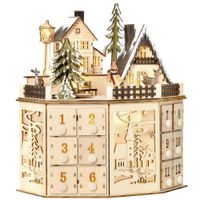Weihnachts-Adventskalender mit 24 Zugkästen Weihnachtskalender mit LED-Lichtern Adventskalenderbox Sperrholz-Platte Naturholz 25 x 20 x 29 cm