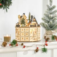 Weihnachts-Adventskalender mit 24 Zugkästen Weihnachtskalender mit LED-Lichtern Adventskalenderbox Sperrholz-Platte Naturholz 25 x 20 x 29 cm