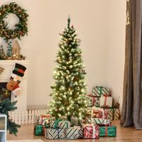 Weihnachtsbaum 1,5 m mit 25 roten Beeren LED-Lichter 408 Zweige PVC Stahl Grün+Weiß Ø53 x 150 cm