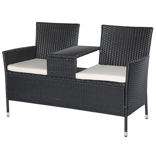 Polyrattan Gartenbank Gartensofa Sitzbank mit Tisch 2-Sitzer Stahl Schwarz B133 x T63 x H84cm