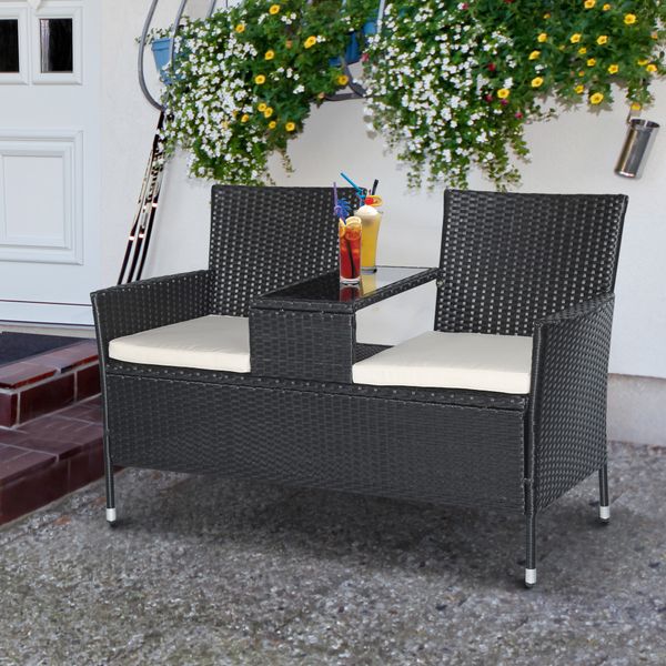 Polyrattan Gartenbank Gartensofa Sitzbank mit Tisch 2-Sitzer Stahl Schwarz B133 x T63 x H84cm