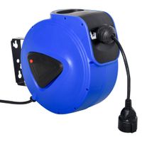 Kabeltrommel 15 m+1.3 m Leitung Automatik Kabelaufroller Outdoor Aufroll stromkabel drehbar Wandhalterung, PP, Gummi, Metall, Schwarz + Blau, 28L x 16B x 27H cm
