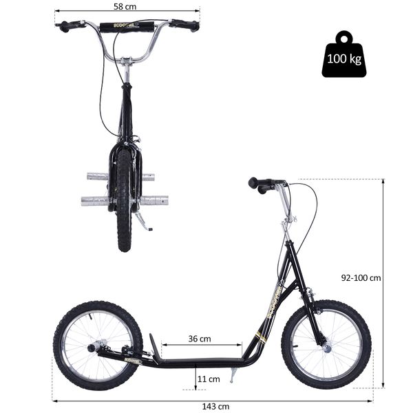 Kinderroller mit Luftreifen Scooter Tretroller Roller Cityroller Kinder Roller Kickboard ab 5 Jahre Kleinkind 16 Zoll Schwarz 143 x 58 x 92-100 cm