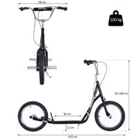 Kinderroller mit Luftreifen Scooter Tretroller Roller Cityroller Kinder Roller Kickboard ab 5 Jahre Kleinkind 16 Zoll Schwarz 143 x 58 x 92-100 cm