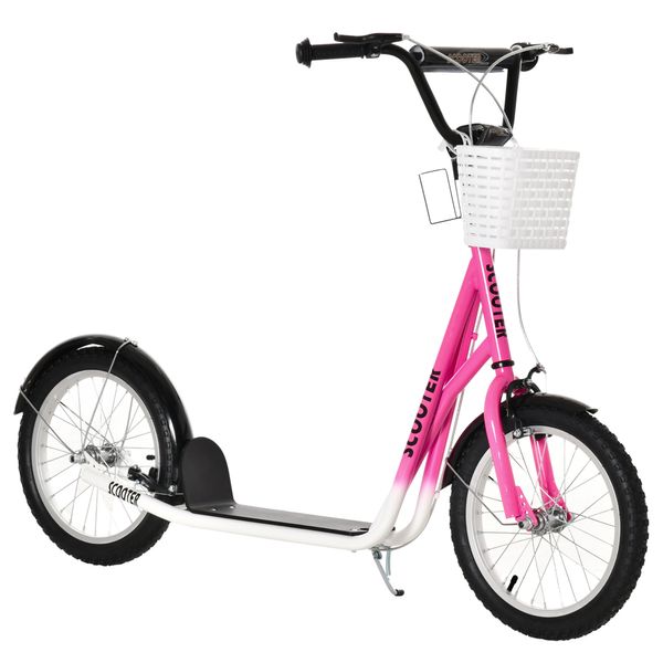 Kinderroller Scooter Tretroller mit Bremse Korb höhenverstellbar für 5-12 Kinder Roller Kickboard Aluminiumlegierung Gummi Rosa+Weiß 139 x 58 x 90-96 cm