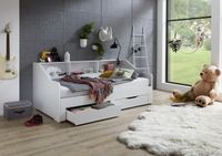Funktionsbett RENE von 90 auf 180 x 200 cm ausziehbar, mit 2 Schublade & Regal, weiß