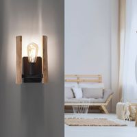 LeuchtenDirekt, Wandleuchte 1-flammig, E27, seitliche Elemente aus Eukalyptusholz, Holz-natur  LOG