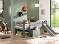 Spielbett 90x200 cm, mit Leiter, Regal, Rutsche, Rolllattenrost, 2 Schubkästen, Kiefer, MDF grau