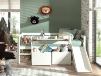 Spielbett 90x200 cm, mit Leiter, Regal, Rutsche, Rolllattenrost, 2 Schubkästen, Kiefer, MDF weiß