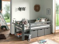 Spielbett 90x200 cm, mit Leiter, Regal, Rolllattenrost, 3 Schubkästen, Kiefer, MDF grau lackiert