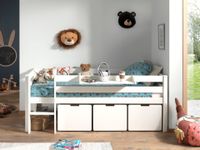 Spielbett mit Liegefläche 90 x 200 cm, inkl. Leiter, Regal, Rolllattenrost und 3 Schubkästen, Kiefer und MDF weiß lackiert