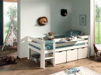 Spielbett 90x200 cm, mit Leiter, Regal, Rolllattenrost, 3 Schubkästen, Kiefer, MDF weiß lackiert