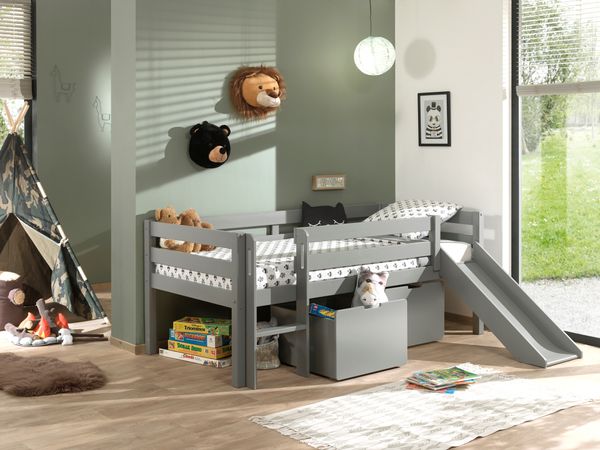 Spielbett 90x200 cm, mit Leiter, Rutsche, Rolllattenrost, 2 Schubkästen, Kiefer, MDF grau lackiert