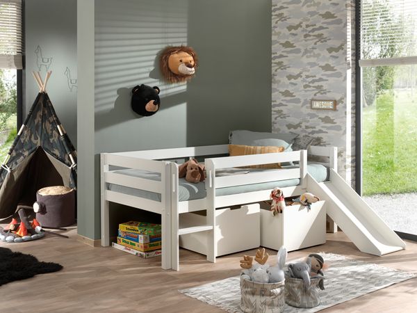 Spielbett 90x200 cm, mit Leiter, Rutsche, Rolllattenrost, 2 Schubkästen, Kiefer, MDF weiß lackiert