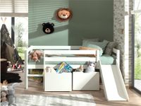 Spielbett 90x200 cm, mit Leiter, Rutsche, Rolllattenrost, 2 Schubkästen, Kiefer, MDF weiß lackiert