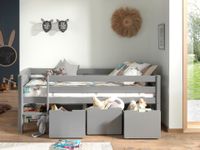 Spielbett 90x200 cm, mit Leiter, Rolllattenrost, 3 Schubkästen, Kiefer, MDF grau lackiert