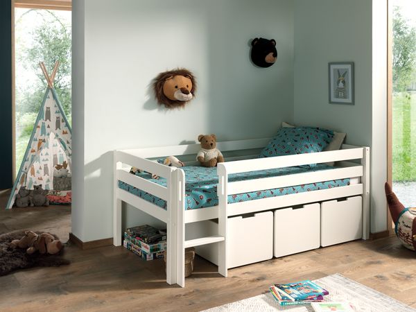 Spielbett 90x200 cm, mit Leiter, Rolllattenrost, 3 Schubkästen, Kiefer, MDF weiß lackiert