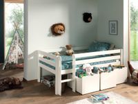 Spielbett 90x200 cm, mit Leiter, Rolllattenrost, 3 Schubkästen, Kiefer, MDF weiß lackiert