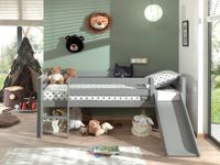 Spielbett 90x200 cm, mit Leiter, Rutsche, Rolllattenrost, Kiefer massiv grau lackiert