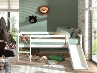 Spielbett 90x200 cm, mit Leiter, Rutsche, Rolllattenrost, Kiefer massiv weiß lackiert