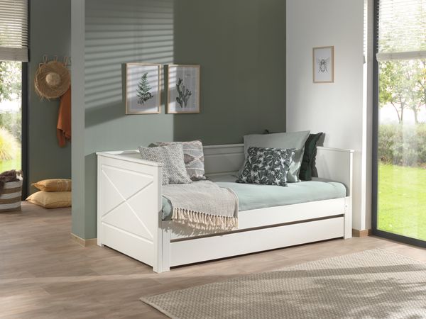 Kojenbett mit Auszug, von 90x200 auf 180 x 200 erweiterbar, inkl. Bettschublade, Kiefer u. MDF weiß