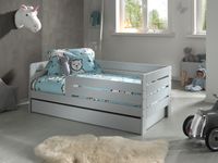 Juniorbett mit Liegefläche 70 x 140 cm, Umrandung mit waagerechten Paneelen, inklusive Bettschublade, Ausf. MDF hellgrau lackiert