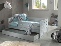 Juniorbett mit 70 x 140 cm, Umrandung mit waagerechten Paneelen, Bettschublade, MDF hellgrau