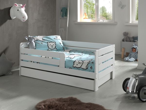 Juniorbett mit 70 x 140 cm, Umrandung mit waagerechten Paneelen, Bettschublade, MDF weiß lackiert