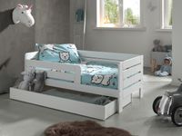 Juniorbett mit 70 x 140 cm, Umrandung mit waagerechten Paneelen, Bettschublade, MDF weiß lackiert