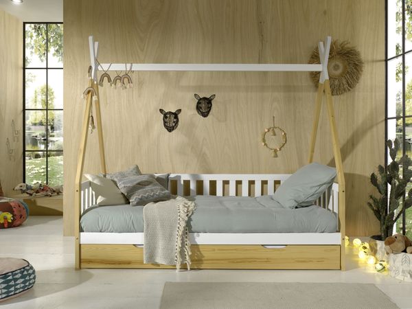 Tipi Kojen Bett mit Umrandung, Dachgestänge, Rolllattenrost, Bettschublade, Kiefer natur und weiß
