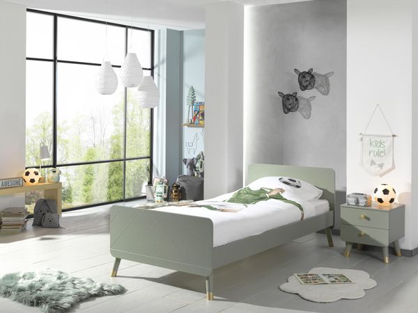 BILLY Set best. aus: Einzelbett 90x200 cm, mit Lattenrost, Nachtkonsole mit Schubladen, Olive Grün