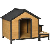 Hundehütte aus Holz Hundezwinger isoliertes Hundehaus mit 2 Hundeschüsseln Asphaltdach Outdoor wetterfeste Hütte für draußen Tannenholz Naturholz 130 x 93 x 92 cm