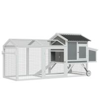Hühnerstall Hühnerhaus mit Nistkasten Hühnervoliere mit Rädern und Griff Gehege Geflügelstall winterfest Tannenholz PVC Grau+Weiß 247 x 90 x 114 cm