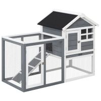 Kaninchenstall Tannenholz Outdoor Indoor Kleintierstall Kleintierhaus Kleintierkäfig Herausnehmbare Bodenwanne und Rampe Grau+Schwarz+Weiß 122 x 62,6 x 92 cm