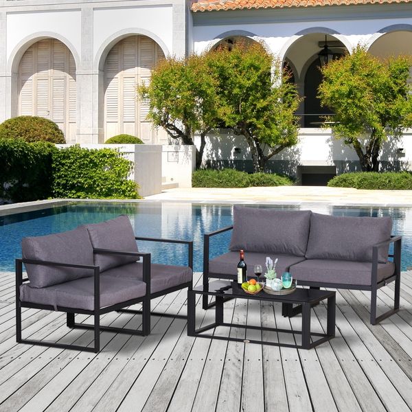 4tlg. Gartenmöbel Set, Sofa mit Sitzkissen, Tisch mit Stauraum, Polyester, Grau, 138x69x63 cm