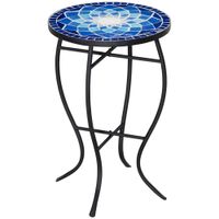 Ø35,5 cm Beistelltisch Gartentisch Blumenhocker rund wetterfest Mosaik für Garten Terassen Balkon Eisen Blau+Weiß